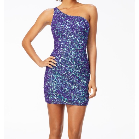 One-Shoulder Sequin Dress in Purple and Green - Picture 1 of 3